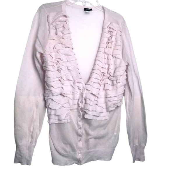 J.Crew Ruffle Cotton Cardigan Sweater Top Lightweight Knit Preppy V Semi Sheer M - Picture 1 of 16